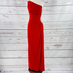 Cache long red single shoulder rhinestone waist